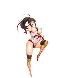Rule 34 | 1girl, absurdres, action taimanin, bare shoulders, breasts, brown eyes, brown hair, curvy, female focus, fishnets, hairband, highres, hoshino mitsuki (taimanin asagi), jumping, large breasts, leotard, lilith-soft, long hair, looking at viewer, moaning, ninja, nipples, nobushito kuro, official art, open mouth, ponytail, puffy nipples, pussy juice, saliva, shiny skin, skirt, smile, sweat, taimanin (series), taimanin asagi, taimanin rpgx, thighhighs, tongue, tongue out, torn clothes, weapon, white background