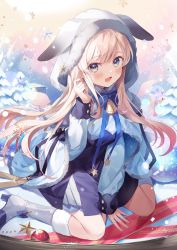 Rule 34 | 1girl, adjusting hair, amamori naco, animal ears, bell, blanche fleur, blonde hair, blue bow, blue bowtie, blue dress, blue eyes, bow, bowtie, box, breasts, dress, floating hair, gift, gift box, hand on ground, hand up, high heels, highres, impossible clothes, kanda done, large breasts, long hair, looking at viewer, looking to the side, neck bell, open mouth, pink background, pink wings, red ribbon, ribbon, seiza, sitting, smile, snowflakes, spread legs, thighs, tree, virtual youtuber, wings