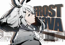 Rule 34 | 1girl, animal ears, arknights, bad id, bad pixiv id, barcode, character name, cloak, from side, frostnova (arknights), grey eyes, grey hair, hair ornament, hairclip, jacknavy, long hair, looking away, looking up, parted lips, profile, rabbit ears, solo, turtleneck, upper body