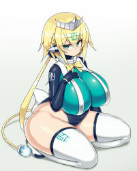 Rule 34 | 1girl, android, blonde hair, blush, bombergirl, breasts, curvy, emera (bombergirl), green eyes, huge breasts, leotard, looking at viewer, plump, ribbon, sawati, short hair, sitting, solo, thick thighs, thighhighs, thighs, wide hips