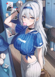 Rule 34 | 1girl, 2gong (9ujin ), absurdres, arm up, baseball, baseball cap, baseball glove, black choker, blue eyes, blue shirt, breasts, blowing bubbles, choker, crop top, earrings, front-tie top, hairband, hat, highres, holding, jewelry, large breasts, locker, locker room, long hair, looking at viewer, midriff, mole, mole under eye, original, pants, photo (object), ponytail, shirt, solo, striped clothes, striped shirt, very long hair, white hair, white pants, wristband