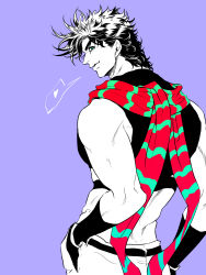 Rule 34 | 1boy, aqua scarf, battle tendency, crop top, fingerless gloves, flat color, from behind, gloves, green eyes, hands in pockets, heart, highres, jojo no kimyou na bouken, joseph joestar, joseph joestar (young), male focus, midriff, multicolored clothes, multicolored scarf, p (asobijanenda), red scarf, scarf, solo, spoken heart, spot color, striped clothes, striped scarf, vertical-striped clothes, vertical-striped scarf