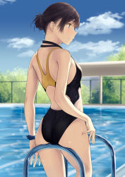 Rule 34 | 1girl, ass, back, back cutout, backlighting, bad hands, black hair, black one-piece swimsuit, blue eyes, blue sky, blurry, blush, breasts, chain-link fence, clothing cutout, cloud, competition swimsuit, day, depth of field, dripping, fence, from behind, hair bun, highres, hiwatari rin, light smile, looking to the side, multicolored clothes, multicolored swimsuit, one-piece swimsuit, original, outdoors, pool, pool ladder, poolside, profile, revision, short hair, sidelocks, single hair bun, sky, small breasts, solo, standing, sunlight, swimsuit, tree, watch, water, wet, wristwatch