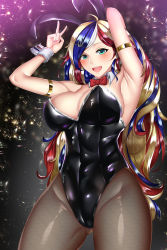 Rule 34 | 1girl, absurdres, alternate costume, anchor hair ornament, animal ears, black leotard, blonde hair, blue hair, bow, bowtie, breasts, commandant teste (kancolle), commentary request, covered navel, cowboy shot, detached collar, fake animal ears, fishnet pantyhose, fishnets, hair ornament, highres, huge filesize, kantai collection, kome cola, large breasts, leotard, long hair, multicolored hair, pantyhose, playboy bunny, rabbit ears, red hair, solo, strapless, strapless leotard, streaked hair, swept bangs, wavy hair, wrist cuffs