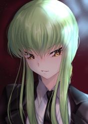 Rule 34 | 1girl, absurdres, alternate costume, black jacket, black necktie, budgiepon, c.c., code geass, collared shirt, green hair, hair between eyes, highres, jacket, long hair, looking at viewer, necktie, parted lips, portrait, red background, shirt, short hair with long locks, solo, white shirt, wing collar, yellow eyes