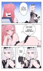 Rule 34 | ass, carmilla (fate), carmilla (swimsuit rider) (fate), comic, english text, fate/grand order, fate (series), gun, highres, kyou (ningiou), medb (fate), medb (swimsuit saber) (fate), pink hair, swimsuit, type-moon, weapon, white hair
