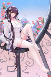 Rule 34 | 1girl, absurdres, azur lane, black hair, blue sky, blunt bangs, blush, braid, breasts, chinese clothes, cleavage cutout, closed mouth, clothing cutout, dress, feet, flower, full body, hair behind ear, hair flower, hair ornament, hair rings, hand on own chest, hand up, highres, large breasts, legs, long hair, long sleeves, looking at viewer, braided hair rings, mountain, nanoda002 (saber427), no shoes, official alternate costume, pink flower, puffy long sleeves, puffy sleeves, red eyes, see-through, see-through legwear, see-through sleeves, short dress, sitting, skindentation, sky, smile, solo, thighhighs, toes, very long hair, white dress, white flower, white thighhighs, yat sen (azur lane), yat sen (paragon of celestial grace) (azur lane)