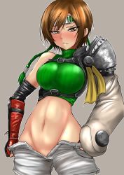 Rule 34 | 1girl, :/, blush, brown hair, clothes pull, crop top, elbow gloves, final fantasy, final fantasy vii, final fantasy vii remake, fingerless gloves, forehead protector, gloves, headband, highres, navel, open fly, pochiiru (uowou), short hair, shorts, shorts pull, single sleeve, sleeveless, sleeveless turtleneck, solo, stomach, strap, sweat, turtleneck, undressing, yuffie kisaragi