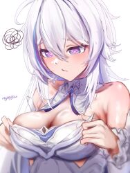 1girl bad_id bad_pixiv_id bare_shoulders breasts cleavage collar commentary detached_collar film_grain hair_between_eyes highres honkai_(series) honkai_impact_3rd kiana_kaslana kiana_kaslana_(herrscher_of_finality) large_breasts long_hair looking_down nyeppu official_alternate_costume pink_pupils purple_eyes sidelocks signature simple_background solo squiggle star-shaped_pupils star_(symbol) symbol-only_commentary symbol-shaped_pupils white_background white_collar white_hair