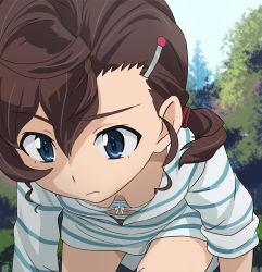 Rule 34 | 1girl, blue eyes, bra, breasts, brown hair, cleavage, closed mouth, downblouse, extended downblouse, gegege no kitarou, hair ornament, hairclip, hanging breasts, haruyama kazunori, inuyama mana, jacket, leaning forward, navel, outdoors, short hair, side ponytail, small breasts, solo, striped clothes, striped jacket, underwear