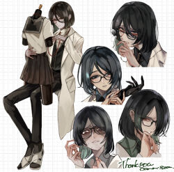 1boy aqua_hair ashioka_kuraco black_eyes black_hair black_jacket black_necktie black_pants black_socks bob_cut coat collared_shirt colored_inner_hair commission disgust doctor expressionless expressions eyewear_strap full_body furrowed_brow green_shirt hair_between_eyes hand_to_own_mouth holding holding_another&#039;s_wrist invisible_chair jacket lab_coat long_bangs looking_at_hand looking_at_viewer male_focus mannequin mole mole_under_mouth multicolored_hair multiple_views necktie open_clothes open_coat original pants parted_lips rolling_eyes sandals school_uniform serafuku shirt sitting skeb_commission socks solo stethoscope sweatdrop turtleneck white_background white_shirt