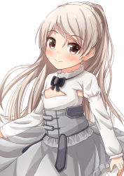 Rule 34 | 1girl, alternate breast size, blush, brown eyes, closed mouth, comiching, conte di cavour (kancolle), dress, flat chest, grey hair, highres, kantai collection, layered dress, long hair, long sleeves, looking at viewer, simple background, smile, solo, two-tone dress, white background, white dress
