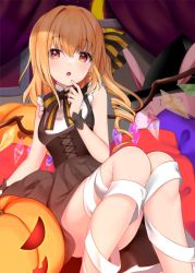 Rule 34 | 1girl, :o, alternate costume, asymmetrical hair, bandages, black dress, blonde hair, blush, bow, breasts, commentary request, crystal, curtains, dress, dress bow, drill hair, eyelashes, feet out of frame, finger to mouth, fingernails, flandre scarlet, frills, halloween, highres, jack-o&#039;-lantern, neck ribbon, no headwear, open mouth, pillow, rainbow order, ribbon, rimu (kingyo origin), sidelocks, sitting, sleeveless, sleeveless dress, small breasts, solo, striped, striped bow, touhou, window, wings, wrist cuffs