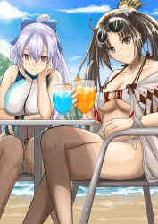 Rule 34 | 2girls, bare shoulders, beach, bikini, blue bow, blue one-piece swimsuit, blue sky, blush, bow, breasts, brown eyes, brown hair, cleavage, collarbone, competition swimsuit, cup, drinking glass, earrings, eyewear on head, fate/grand order, fate (series), hair between eyes, hair bow, hair ornament, highleg, highleg swimsuit, highres, jewelry, ksfactory, large breasts, long hair, looking at viewer, medium breasts, multiple earrings, multiple girls, navel, one-piece swimsuit, open clothes, ponytail, red eyes, robe, silver hair, sitting, sky, smile, sunglasses, swimsuit, table, thighs, tomoe gozen (fate), tomoe gozen (swimsuit saber) (fate), tomoe gozen (swimsuit saber) (first ascension) (fate), twintails, two-tone swimsuit, very long hair, white bikini, white one-piece swimsuit, yu mei-ren (fate), yu mei-ren (swimsuit lancer) (fate)