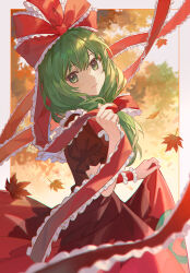 Rule 34 | 1girl, bow, frilled bow, frills, front ponytail, green eyes, green hair, kagiyama hina, lazuri7, leaf, lifted by self, looking at viewer, maple leaf, puffy short sleeves, puffy sleeves, red bow, red ribbon, ribbon, short sleeves, smile, solo, touhou