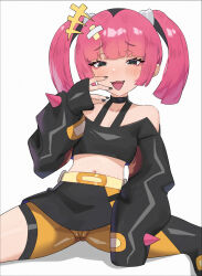 Rule 34 | +++, 1girl, absurdres, bandaid, bandaid on head, belt, black eyes, black nails, blunt bangs, blush, cameltoe, commentary request, creatures (company), eyelashes, fang, game freak, hand up, highres, long sleeves, looking at viewer, nail polish, navel, nintendo, off-shoulder shirt, off shoulder, open mouth, pink hair, pokemon, pokemon (anime), pokemon horizons, pumi puru, coral (pokemon), shirt, shorts, simple background, sitting, skirt, sleeves past fingers, sleeves past wrists, smile, solo, spread legs, twintails, white background, yellow shorts