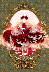 Rule 34 | 1girl, blonde hair, bow, checkered floor, clothes grab, dress, female focus, floor, flower, frilled sleeves, frills, gothic lolita, gradient hair, hair bow, happy new year, lolita fashion, long hair, multicolored hair, new year, original, rabbit, rinko (artist), rinko (mg54), rose, scar, shoes, solo, striped clothes, striped thighhighs, stuffed animal, stuffed toy, thighhighs, very long hair, walking, wavy hair