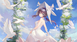 Rule 34 | 1girl, arknights, bird, bow, breasts, bride, brown eyes, brown hair, bug, butterfly, choker, cloud, commentary request, day, dress, flower, hair bow, hat, highres, insect, lily (flower), long dress, looking at viewer, medium breasts, outdoors, purestream (arknights), sideboob, sky, twintails, visor cap, wedding dress, white bird, white butterfly, white dress, white flower, wrist cuffs, yizhibao