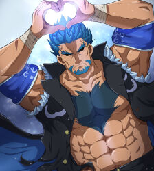 Rule 34 | 1boy, abs, armband, bandaged wrist, bandages, bara, beard, biceps, blue background, blue hair, bucchigiri?!, facial hair, feet out of frame, heart, heart hands, highres, jacket, kenchiro (bucchigiri?!), large pectorals, looking at viewer, male focus, manly, mature male, muscular, muscular male, open clothes, open jacket, pectorals, short hair, simple background, sleeveless, solo, spiked hair, takao oz, thick arms, thick eyebrows, upper body
