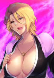 Rule 34 | 1girl, black kimono, bleach, breasts, center opening, cleavage, hair between eyes, highres, japanese clothes, jewelry, karei (zeroseed), kimono, kimono pull, large breasts, looking at viewer, matsumoto rangiku, mole, mole under mouth, necklace, nipples, one breast out, orange hair, short hair, solo, tongue, tongue out, upper body, yellow eyes