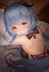 Rule 34 | absurdres, ahoge, backless outfit, bare shoulders, bed, blue hair, blush, bow, bowtie, breasts, detached sleeves, ganyu (genshin impact), genshin impact, gold trim, highres, horns, long hair, looking at viewer, medium breasts, mill (user ypgc2873), hugging object, pillow, pillow hug, purple eyes, solo, white sleeves