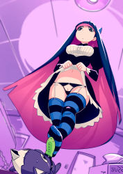 Rule 34 | 10s, 1girl, bad id, bad tumblr id, cleft of venus, clothes lift, dildo, dress, dress lift, footjob, from below, garter straps, highres, hime cut, honekoneko (psg), long hair, looking down, multicolored hair, optionaltypo, panties, panty &amp; stocking with garterbelt, purple hair, pussy, pussy peek, sex toy, solo, stocking (psg), strap-on, striped clothes, striped thighhighs, stuffed toy, thighhighs, two-tone hair, uncensored, underwear, very long hair