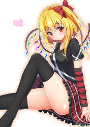 Rule 34 | 1girl, black thighhighs, blonde hair, blush, breasts, detached sleeves, flandre scarlet, halftone, halftone background, heart, highres, long legs, modern drawing style, open mouth, red eyes, short hair, side ponytail, skirt, smile, solo, thighhighs, touhou, wings, ymd (holudoun)