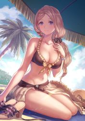 Rule 34 | 1girl, alternate costume, anbe yoshirou, bare legs, bikini, black bikini, blonde hair, blue eyes, breasts, cleavage, collarbone, day, fire emblem, fire emblem: three houses, fire emblem heroes, hair over shoulder, hat, high heels, highres, large breasts, long hair, looking at viewer, mercedes von martritz, nintendo, palm tree, sandals, shoes, side ponytail, sitting, solo, sun hat, swimsuit, tree, umbrella, unworn shoes