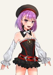 Rule 34 | 1girl, :d, absurdres, black hat, black panties, black skirt, blush, cowboy shot, detached collar, detached sleeves, fate/grand order, fate (series), flat chest, grey background, hat, helena blavatsky (fate), highres, layered skirt, long sleeves, microskirt, neck ribbon, open mouth, panties, pleated skirt, purple hair, red eyes, ribbon, short hair, simple background, skirt, smile, solo, standing, strapless, underwear, white ribbon, white sleeves, yamabuki0211