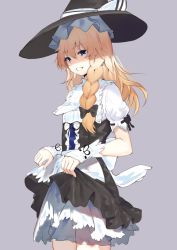 Rule 34 | 1girl, apron, asuzemu, black bow, black dress, black hat, black ribbon, blonde hair, bloomers, blue eyes, blush, bow, braid, center frills, commentary request, cowboy shot, dress, frills, grey background, grin, hair between eyes, hair bow, hat, hat bow, highres, kirisame marisa, long hair, looking at viewer, petticoat, puffy short sleeves, puffy sleeves, ribbon, shirt, short sleeves, simple background, single braid, skirt hold, smile, solo, standing, touhou, underwear, waist apron, white apron, white bloomers, white bow, white shirt, wrist cuffs
