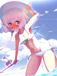 Rule 34 | 1girl, armpits, bikini, bikini pull, blue sky, blush, breasts, cleavage, clothes pull, cloud, collarbone, covered erect nipples, crotch seam, day, fishing rod, hat, highres, hook, konno junko, light purple hair, long hair, looking at viewer, low twintails, manohiro yuki, medium breasts, navel, pout, purple eyes, scrunchie, sky, solo, swimsuit, thighs, twintails, water, white bikini, zombie land saga