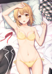 Rule 34 | 1girl, arm up, black jacket, blush, bra, breasts, collarbone, furrowed brow, gluteal fold, groin, hand up, head on pillow, highres, inanaki shiki, isshiki iroha, jacket, unworn jacket, light brown hair, looking at viewer, lying, navel, on back, open mouth, panties, red ribbon, ribbon, unworn ribbon, shirt, unworn shirt, short hair, side-tie panties, skirt, unworn skirt, small breasts, solo, teeth, thighs, tongue, underwear, underwear only, upper teeth only, white shirt, yahari ore no seishun lovecome wa machigatteiru., yellow bra, yellow eyes, yellow panties