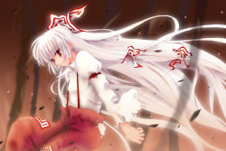Rule 34 | 1girl, bamboo, bamboo forest, female focus, fire, forest, fujiwara no mokou, leaf, long hair, long sleeves, makkuroh (pixiv), nature, pants, profile, red eyes, ribbon, shirt, smile, smirk, solo, torn clothes, touhou, very long hair, white hair, white shirt, wind