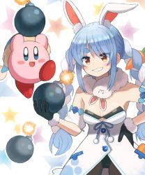 Rule 34 | 1boy, 1girl, animal ears, black gloves, black leotard, blue eyes, blush stickers, bomb, bomb kirby, breasts, carrot hair ornament, cleavage, detached sleeves, don-chan (usada pekora), explosive, eyes visible through hair, food-themed hair ornament, gloves, grin, hair ornament, hand on own hip, hat, hololive, kaigaraori, kirby, kirby (series), leotard, multicolored hair, nintendo, pantyhose, puffy short sleeves, puffy sleeves, rabbit-shaped pupils, rabbit ears, rabbit girl, short sleeves, small breasts, smile, symbol-shaped pupils, thick eyebrows, two-tone hair, usada pekora, usada pekora (1st costume), virtual youtuber, white hair
