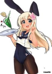 Rule 34 | 10s, 1girl, adapted costume, animal ears, blonde hair, blue eyes, breasts, brown pantyhose, character name, cherry, covered navel, cowboy shot, crop top, drink, fake animal ears, flower, food, fruit, glass, hair flower, hair ornament, highres, japanese flag, kantai collection, leotard, long hair, looking at viewer, mizuki yayoi, one-piece tan, open mouth, pantyhose, pantyhose under swimsuit, playboy bunny, rabbit ears, rabbit tail, ro-500 (kancolle), sailor collar, small breasts, solo, standing, swimsuit, tail, tan, tanline, tray, twitter username