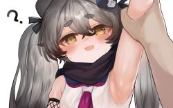 Rule 34 | 1girl, 1other, ?, animal ears, arm up, armpits, black scarf, blue archive, dokomon, fang, grey hair, hair between eyes, highres, long hair, looking at viewer, michiru (blue archive), neckerchief, open mouth, portrait, red neckerchief, scarf, short eyebrows, simple background, sleeveless, white background, yellow eyes