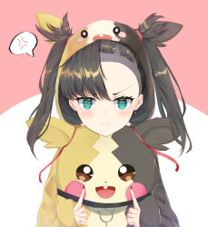 Rule 34 | 1girl, anger vein, aqua eyes, asymmetrical bangs, asymmetrical hair, black hair, black nails, blush, breasts, choker, commentary request, cosplay, creatures (company), earrings, frown, game freak, gen 8 pokemon, gom bear, green eyes, hair ribbon, highres, jewelry, long sleeves, looking at viewer, marnie (pokemon), morpeko, morpeko (cosplay), morpeko (full), nail polish, nintendo, open clothes, pokemon, pokemon swsh, red ribbon, ribbon, spoken anger vein, twintails