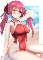 Rule 34 | 1girl, absurdres, beach, blurry, breasts, commentary request, competition swimsuit, depth of field, heterochromia, hibika, highleg, highleg swimsuit, highres, hololive, houshou marine, large breasts, long hair, looking at viewer, one-piece swimsuit, red eyes, red hair, red one-piece swimsuit, sitting, solo, swimsuit, twintails, virtual youtuber, yellow eyes