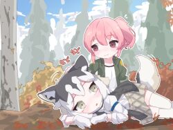 Rule 34 | 2girls, animal ears, eastern wolf (kemono friends), gloves, green jacket, grey hair, grey jacket, grey necktie, grey skirt, hand on another&#039;s head, jacket, kemono friends, kemono friends 3, lying, multicolored hair, multiple girls, nana (kemono friends), necktie, on side, open clothes, open jacket, pink eyes, pink hair, plaid, plaid necktie, plaid skirt, pleated skirt, puffy sleeves, sarutori, shirt, short hair, side ponytail, skirt, tail, thighhighs, two-tone hair, white gloves, white hair, white shirt, white thighhighs, wolf ears, wolf girl, wolf tail, zettai ryouiki