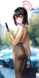 Rule 34 | 1girl, absurdres, arm at side, artist name, ass, bag, bare shoulders, black hair, blue archive, blurry, blurry background, blush, bob cut, breasts, brown pants, casual, cellphone, clothing cutout, colored inner hair, dated, day, feet out of frame, hair ornament, hairclip, halo, hand up, highres, holding, holding bag, holding phone, kimchi (user mpzz8457), light particles, long sleeves, looking at viewer, mashiro (blue archive), multicolored hair, no wings, pants, parted lips, phone, purple eyes, purple hair, short hair, shoulder cutout, sleeves past wrists, solo, standing, streaked hair, thighs, tight clothes, tight pants, two-tone hair, winged halo