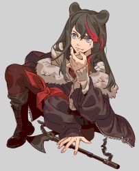 Rule 34 | 1girl, animal ears, arknights, arm ribbon, axe, battle axe, bear ears, bear girl, black hair, blue eyes, boots, chain, coat, fingernails, fur-trimmed coat, fur trim, hair between eyes, hand on own chin, highres, layered clothes, long hair, looking away, looking to the side, mgong520, multicolored hair, on one knee, oversized clothes, raised eyebrow, red pupils, ribbon, simple background, split mouth, streaked hair, sweater, swept bangs, weapon, white background, zima (arknights), zipper
