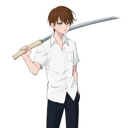 Rule 34 | 1boy, black pants, breast pocket, brown eyes, brown hair, commentary request, eyebrows hidden by hair, hand in pocket, highres, holding, holding sword, holding weapon, male focus, original, pants, pocket, shirt, simple background, solo, sword, untucked shirt, weapon, white background, white shirt, yonchi
