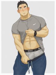 Rule 34 | 1boy, abs, amaimao, artist name, bara, black hair, blue pants, blush, bulge, closed mouth, clothes lift, clothes pull, embarrassed, facial hair, grey male underwear, highres, large pectorals, lifted by self, male focus, male underwear, male underwear peek, muscular, muscular male, nike (company), orange hair, pants, pants pull, pectorals, shirt, shirt lift, short hair, simple background, solo, thick eyebrows, underwear, watch, wristwatch