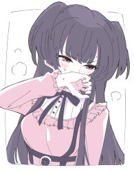 Rule 34 | 1girl, black hair, blush, commentary, covering own mouth, dress, idolmaster, idolmaster shiny colors, ixy, long hair, long sleeves, looking to the side, mayuzumi fuyuko, pink dress, purple eyes, solo, two side up, upper body, white background