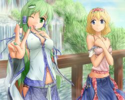Rule 34 | 2girls, alice margatroid, alternate costume, alternate hairstyle, bare shoulders, blonde hair, blue eyes, breasts, cleavage, crop top, detached sleeves, frog hair ornament, green eyes, hair ornament, hair tubes, hairband, hater (hatater), hip vent, jewelry, kochiya sanae, long hair, long sleeves, looking at another, looking at viewer, midriff, multiple girls, nail polish, nature, navel, navel piercing, necklace, no bra, non-web source, one eye closed, panties, piercing, ribbon, sash, shirt, short hair, short sleeves, skirt, smirk, tongue, tongue out, tongue piercing, touhou, underwear, v, water, waterfall, wide sleeves
