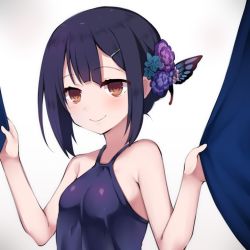 Rule 34 | 1girl, arms up, black hair, brown eyes, butterfly hair ornament, camisole, curtains, fate/kaleid liner prisma illya, fate (series), flower, hair flower, hair ornament, holding, long hair, miyu edelfelt, smile, solo, tomo (ryo i so ), upper body