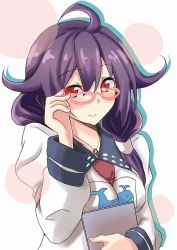 Rule 34 | 10s, 1girl, ahoge, antenna hair, bespectacled, blush, chan (akuty ikkot), commentary request, glasses, hair between eyes, hair flaps, kantai collection, light smile, long hair, long sleeves, looking at viewer, low twintails, matewi (akuty ikkot), polka dot, polka dot background, puffy long sleeves, puffy sleeves, purple hair, red eyes, school uniform, solo, taigei (kancolle), twintails