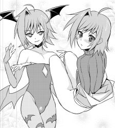 Rule 34 | 10s, 1boy, ahoge, ass, bare shoulders, bat wings, blush, bottomless, bridal gauntlets, bulge, capcom, cardfight!! vanguard, cosplay, crossdressing, elbow gloves, gloves, head wings, lilith aensland, lilith aensland (cosplay), male focus, monochrome, open mouth, pantyhose, sendou aichi, shindou (fuguri), short hair, sitting, smile, solo, trap, vampire (game), wings