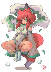 Rule 34 | 1girl, animal ears, blue eyes, blush, breasts, cleavage, floating, fox ears, fox tail, full body, looking at viewer, red hair, ryuno, scarf, short hair, solo, tail