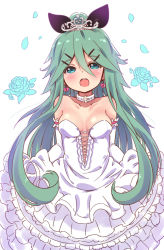 Rule 34 | 1girl, alternate costume, black ribbon, blue eyes, blush, breasts, choker, cleavage, collarbone, commentary request, dress, earrings, elbow gloves, gloves, green hair, hair between eyes, hair ribbon, highres, jewelry, kantai collection, lock, lock earrings, long hair, open mouth, petals, ribbon, small breasts, solo, suzuki toto, white background, white dress, white gloves, yamakaze (kancolle)